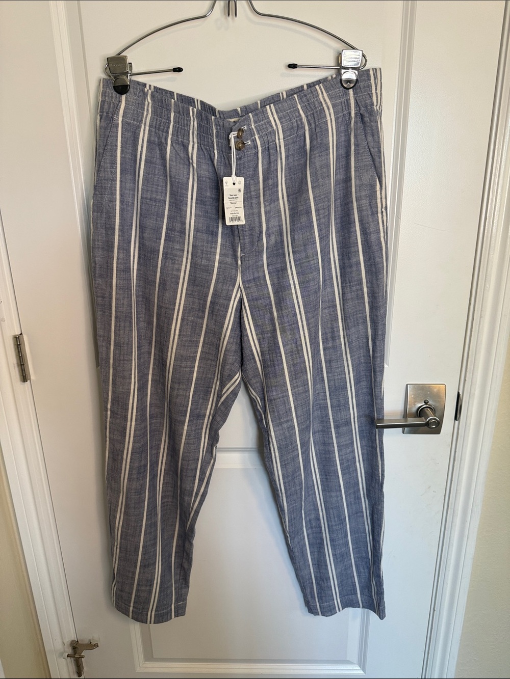 Marine Layer- Elle Pull On Blue and White Striped Cotton Ankle Pants